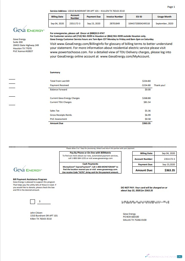 download download USA Texas Gexa Energy utility bill template in Word format
